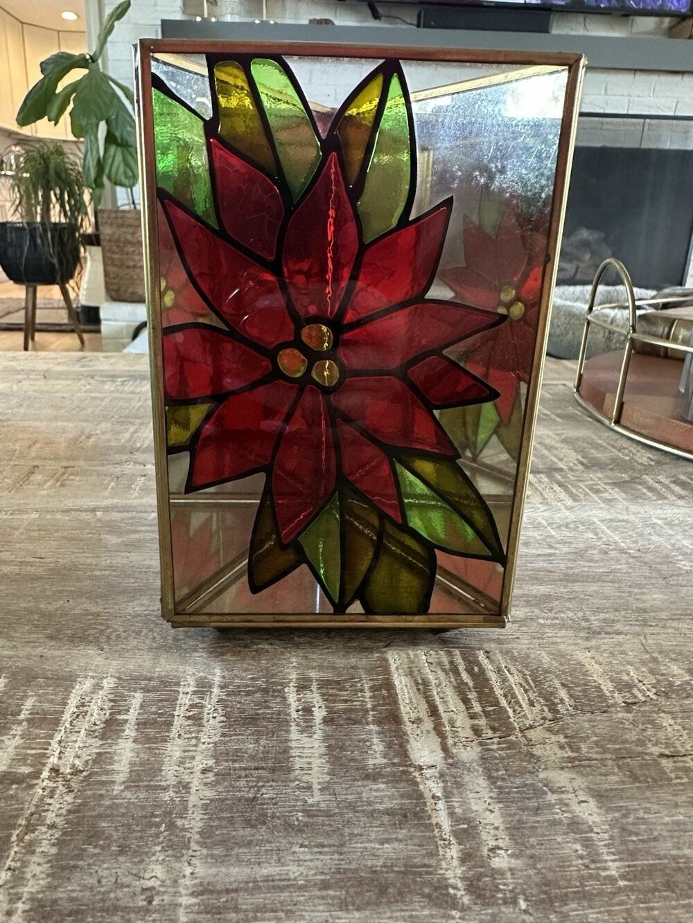 Vintage Stained Glass Poinsettia Mirrored Candle Holder Christmas Holiday
